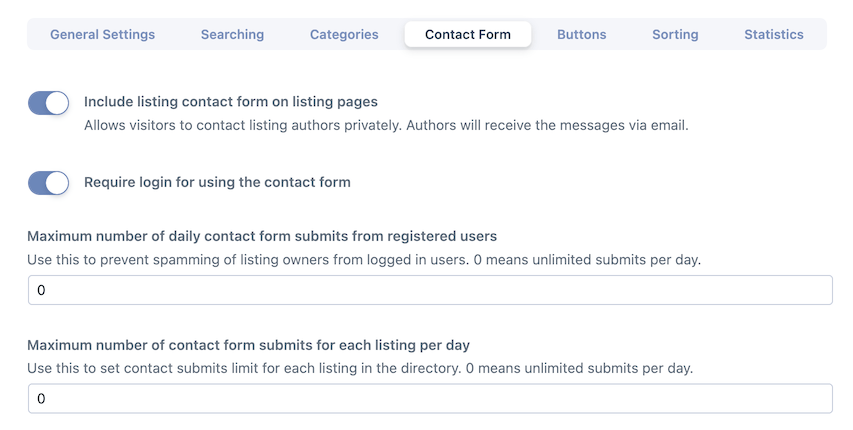 Listing contact form settings